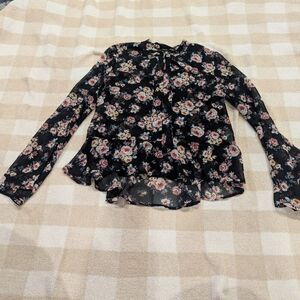 Forever 21 Dark Floral Blouse Small S Black Rose Tie Neck Sheer Romantic Boho